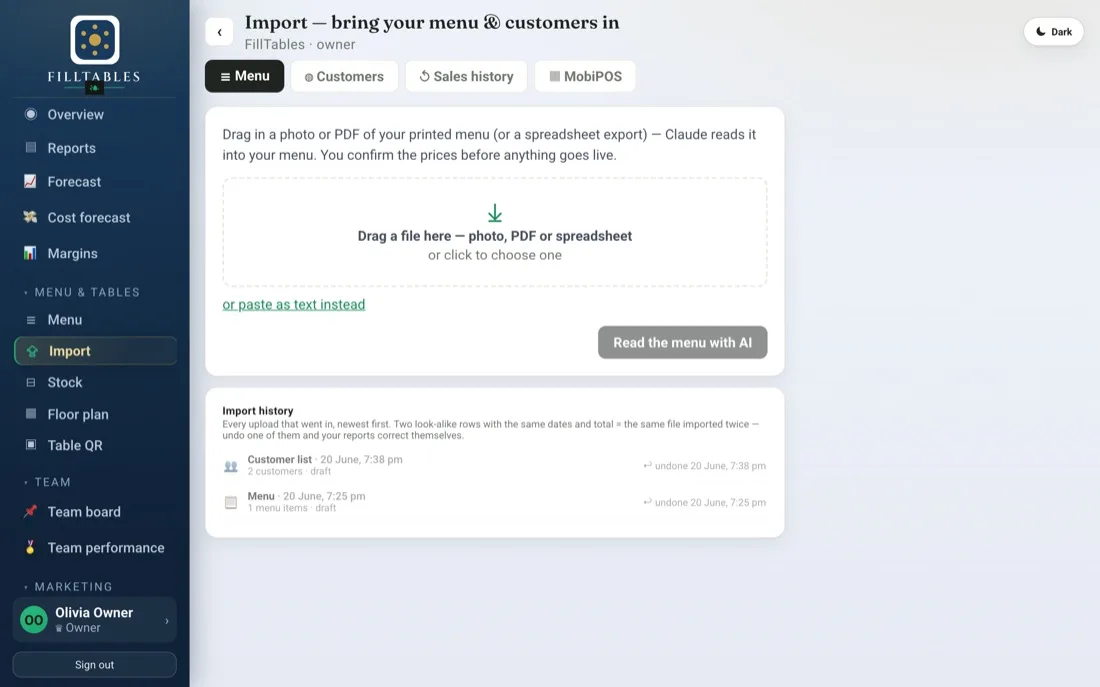 Menu import: photograph it and review every price