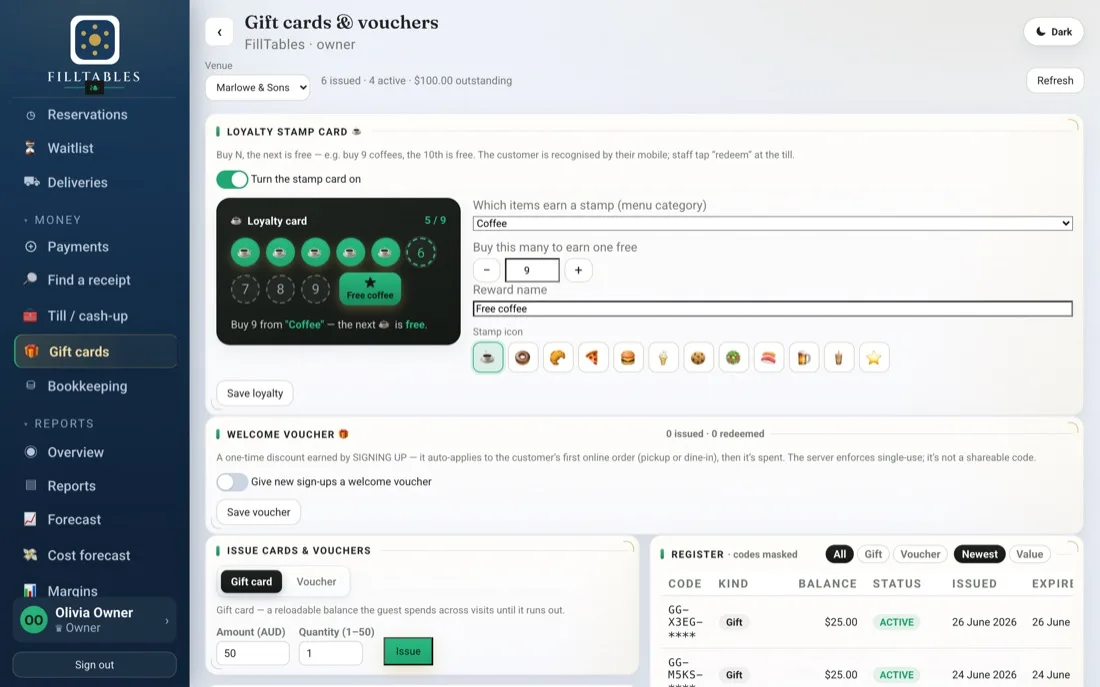 Gift cards and loyalty in the dashboard