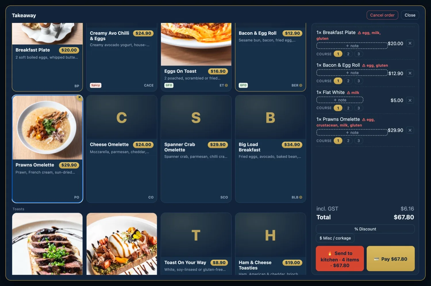 The point-of-sale register: menu, an order and card or cash tender on a tablet