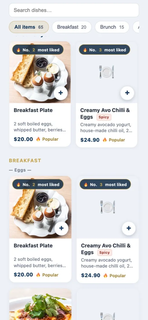 The guest menu on a phone, ordering from the table QR