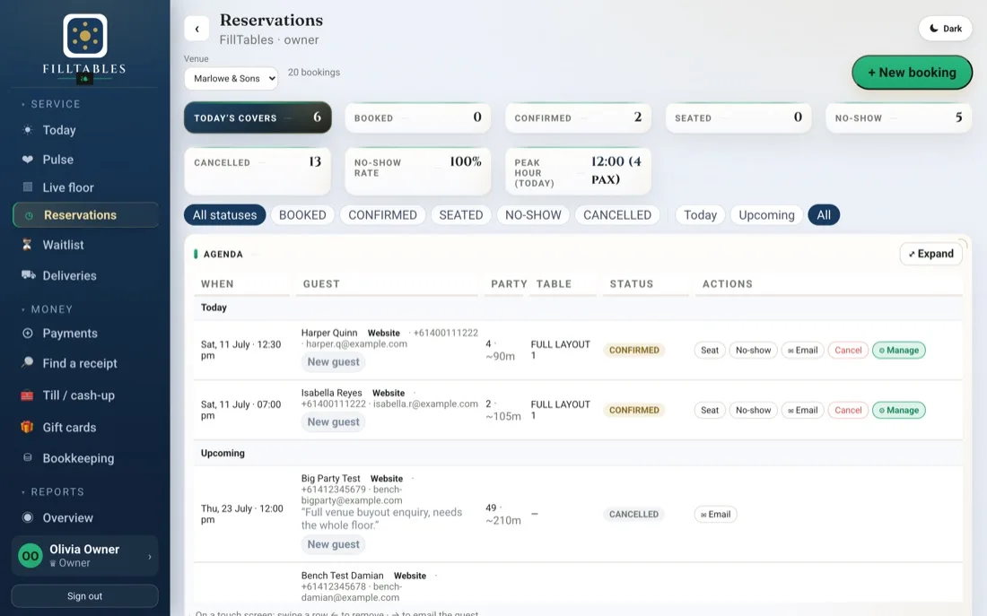 The reservations agenda in the dashboard